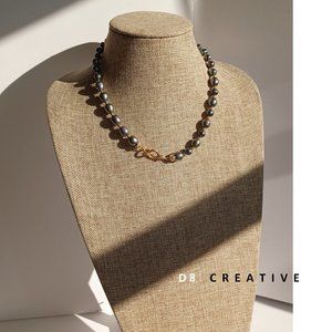 New tahitian black pearl with 14K gold over sterling silver hand woven necklace